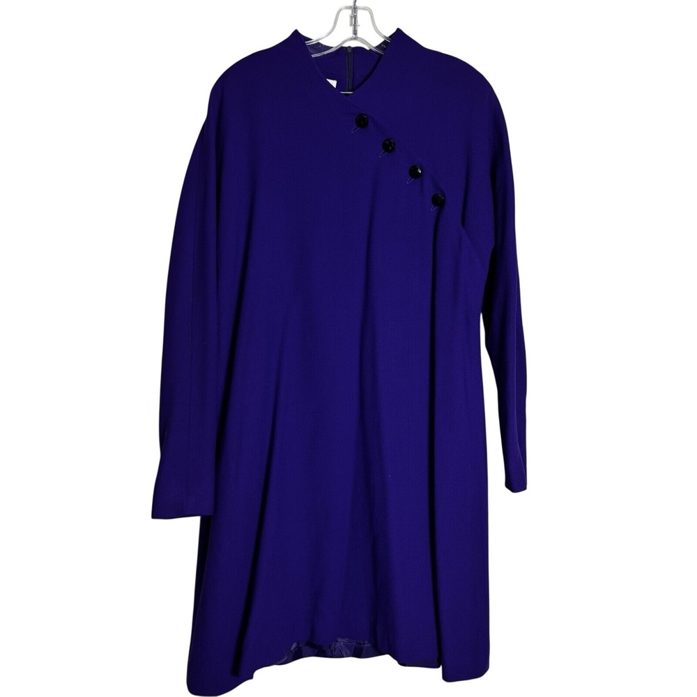 Vtg Jones New York Royal Purple Worsted Wool Asymmetrical‎ Button Dress 8 Flaw